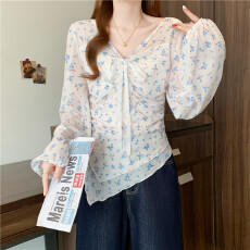 批发实拍2026春装新款<b class='q'>大码</b>女装<b class='q'>胖</b><b class='q'>mm</b><b class='q'>设计</b>感小众衬衫V领碎花雪纺衫上衣