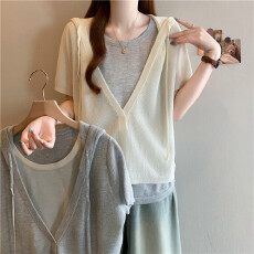 批发实拍2026夏装新款大码女装胖mm假两件撞色连帽休闲t恤针织衫上衣