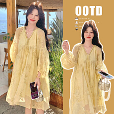 批发图片已处理2026新鹅黄色浪漫温柔气质刺绣系带孕妇大码连衣裙