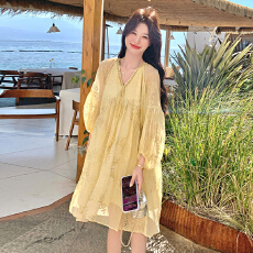 批发图片已处理2026新鹅黄色浪漫温柔气质刺绣系带孕妇大码连衣裙