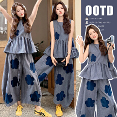 批发图片已处理2026新款格子<b class='q'>休闲</b>花朵无袖背心=灯笼阔腿裤两件套