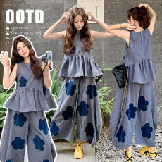 批发图片已处理2026新款格子<b class='q'>休闲</b>花朵无袖背心=灯笼阔腿裤两件套