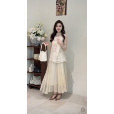 批发设计感<b class='q'>蕾丝</b>刺绣无袖假两件背心半身裙套装