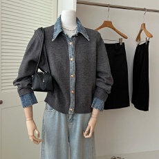 批发毛针织衫女秋季韩系chic高级感慵懒风<b class='q'>时尚</b>牛仔拼接显瘦开襟衫上衣