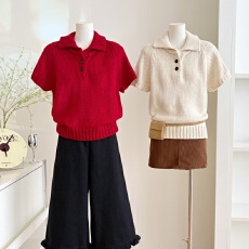 批发韩国东大门赫本小香风翻领短袖针织衫女秋<b class='q'>冬</b>季复古减龄套头毛衣