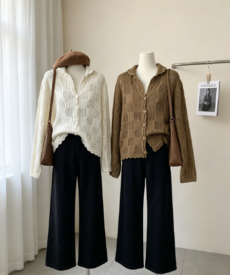 한 부서 부드러운 POLO 칼라 격자무늬 홀로우 아웃 니트 오픈 가디건 여성 이른 가을 물결무늬 레이스 밑단 얇은 스타일 스웨터 코트