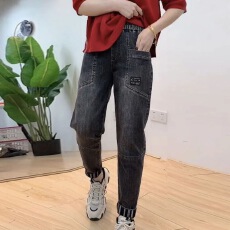 批发秋季新款<b class='q'>牛仔</b>裤女松紧腰显瘦弹力休闲百搭裤子<b class='q'>哈伦裤</b>老爹裤