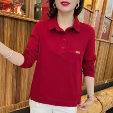 春季新款长袖纯色POLO领简约休闲妈妈装卫衣套头宽松通勤大码上衣