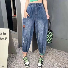 批发春夏新款阔腿哈伦裤<b class='q'>松紧腰</b>牛仔九分裤子高腰显瘦<b class='q'>牛仔裤</b>大码女装