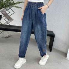 批发春夏季弹力牛仔哈伦<b class='q'>裤</b>女松紧腰显瘦牛仔<b class='q'>裤</b>宽松遮肚大码九分老爹<b class='q'>裤</b>