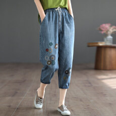 批发夏季薄款牛仔裤女文艺刺绣休闲弹力<b class='q'>大码</b>宽松遮肚显瘦小脚八分裤女