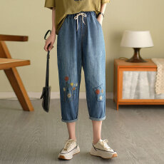 批发夏季薄款七分<b class='q'>牛仔</b>裤女韩版休闲宽松绣花高腰八分裤百搭显瘦<b class='q'>哈伦裤</b>