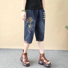 批发夏季薄款六分牛仔裤女文艺百搭宽松遮肚大码休闲显瘦软牛仔<b class='q'>哈伦裤</b>