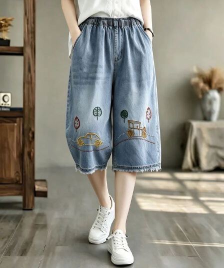 여름 얇은 스타일 6 점 바지 여성 레저 스트레이트 바지 루즈핏 다용도 7 점 와이드 레그 팬츠 슬림해 보이는 데님 여성용 바지