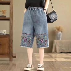 批发夏季新款七分裤<b class='q'>女</b>刺绣毛边宽松松紧高腰百搭显瘦六分直筒牛仔<b class='q'>短裤</b>