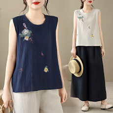 批发新款实拍2026夏季<b class='q'>文艺</b><b class='q'>范</b>棉麻绣花无袖套头休闲显瘦背心女