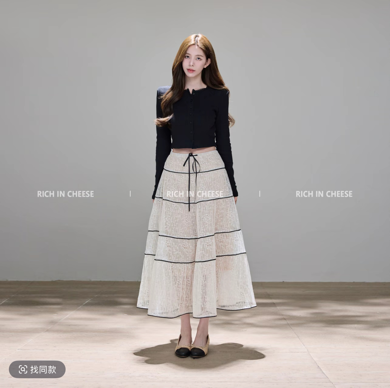 슈 후 새싹 구름 객실 하얀 달빛 검정색 긴팔 니트 맨위 여자 무거운 작업 아름다운 레이스 반신 치마 세트