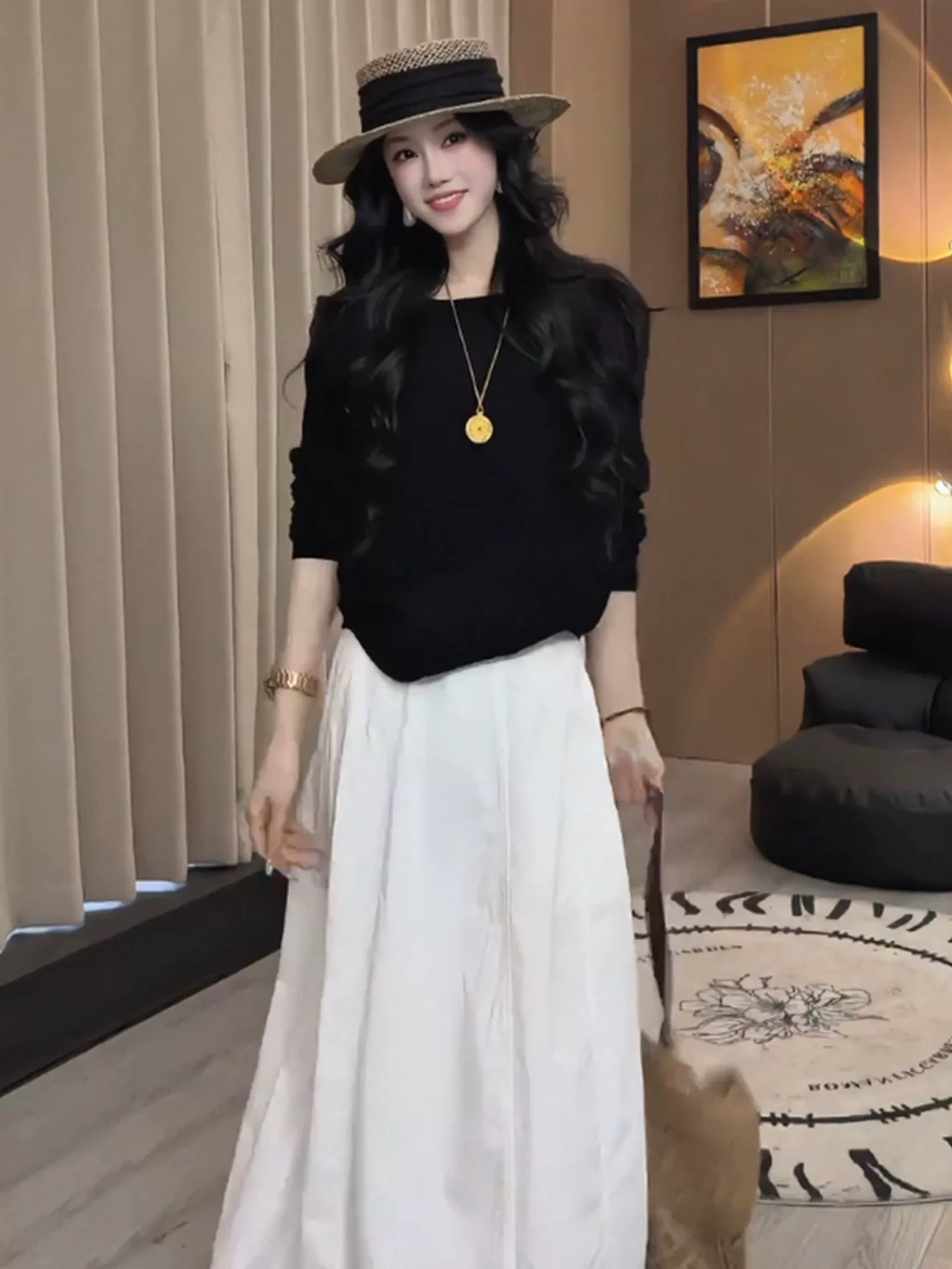 오래된 돈 바람 품격 패션 루즈핏 검정색 맨위 하이웨이스트 반신 스커트 여성 의류 2026 봄 새로운 캐주얼 세트