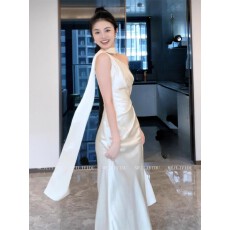 批发名媛风气质飘带缎面斜肩连衣裙女订婚领证<b class='q'>礼服</b><b class='q'>长裙</b>