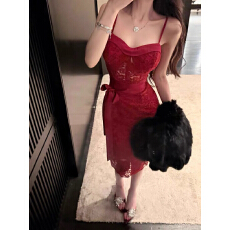 批发杜总家  红玫瑰*女人味红色雪尼尔蕾丝性感纯欲气质<b class='q'>吊带</b>连衣长裙
