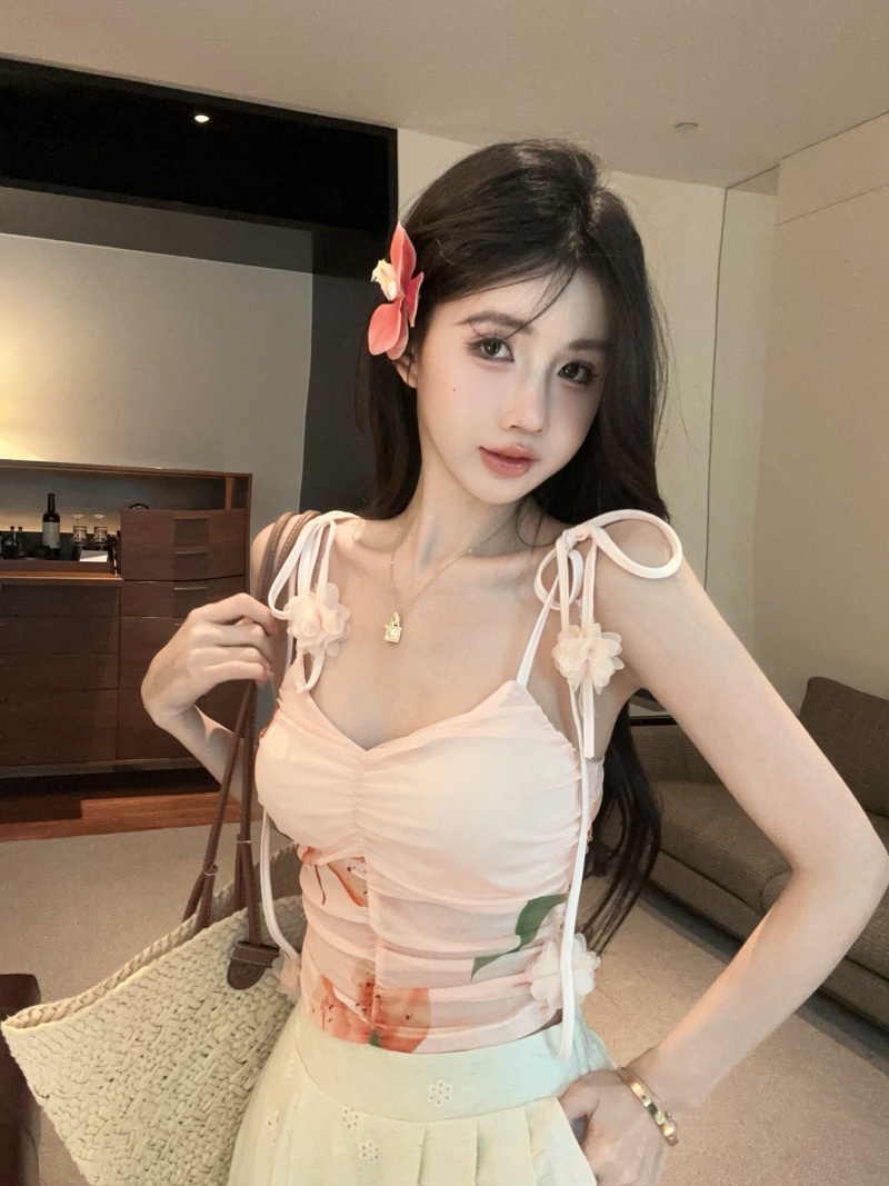 FA34484# 浪漫复古印花山茶花开褶皱系带吊带背心时尚性感百搭上衣 服裝批發女裝批發服飾貨源