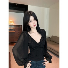 批发法式辣妹性感网纱拼接长袖T恤系带V领修身<b class='q'>塑</b>胸显瘦短款上衣