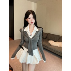 批发韩系复古假两件polo领正肩<b class='q'>长袖</b>T恤甜辣妹上衣花苞<b class='q'>裙</b>两件套套装