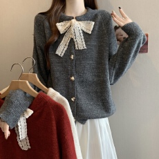 批发设计感蕾丝系带毛衣开衫女2025新款秋冬季慵懒风加厚软糯针织外套