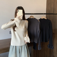 批发2025年秋冬新款慵懒风百搭显瘦蕾丝漏肩针织衫修身软糯上衣潮