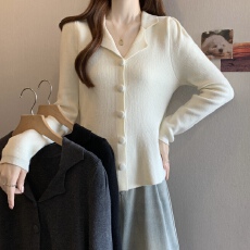 批发大码秋冬翻领单排扣百搭打底毛衣针织衫女胖妹妹修身显瘦内搭上衣