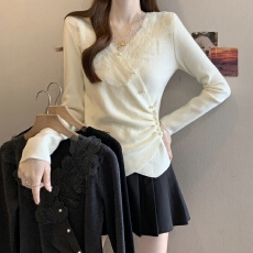 批发大码蕾丝v领打底衫女秋冬内搭胖mm收腰显瘦设计感不规则针织上衣