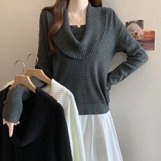 批发荡领针织上衣女秋冬新款高级深V领气质收腰显瘦慵懒氛围感针织衫