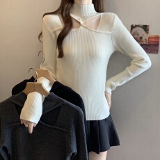 批发黑色半高领内搭打底针织衫毛衣女款2025新款爆款秋冬修身镂空上衣