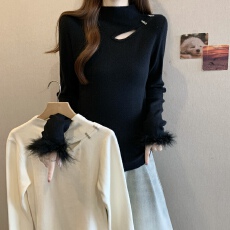 批发<b class='q'>秋</b>冬新款时尚百搭镂空毛毛袖口针织衫女百搭修身显瘦毛衣