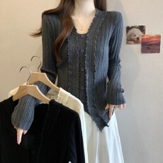 批发V领蕾丝内搭打底衫女2025<b class='q'>秋</b>冬休闲气质修身长袖针织衫