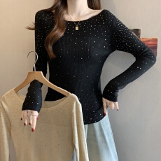 批发亮闪闪烫钻一字领针织衫女高级感钻饰内搭打底衫休闲毛衣上衣