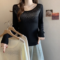批发法式圆领烫钻长袖针织衫女2026<b class='q'>春</b>季新款时尚洋气修身内搭打底上衣