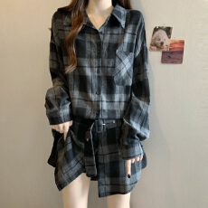 批发港风复古格子长袖衬衫女春<b class='q'>秋</b>2025大码胖mm显瘦中长款系带收腰上衣
