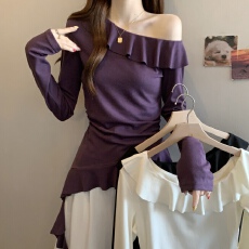 批发纯欲风荷叶边一字肩领显瘦针织衫女2026早秋新款微胖大码上衣