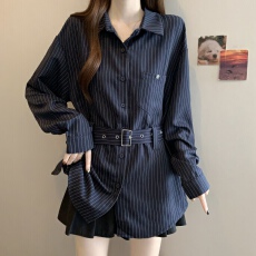 批发大码胖MM早秋新款时尚休闲高级感复古简约条纹衬衫百褶气质上衣女