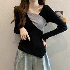 批发设计感交叉撞色长袖针织衫秋季2026新款<b class='q'>大码</b><b class='q'>女装</b>胖mm修身打底上衣