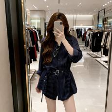 批发复古条纹Polo领长袖衬衫女春<b class='q'>秋</b>2026大码胖mm显瘦遮肚系带收腰上衣