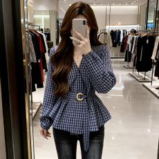 批发深蓝色格子长袖衬衫女<b class='q'>秋装</b>2026新款<b class='q'>大码</b>胖mm高级收腰绑带遮肚上衣