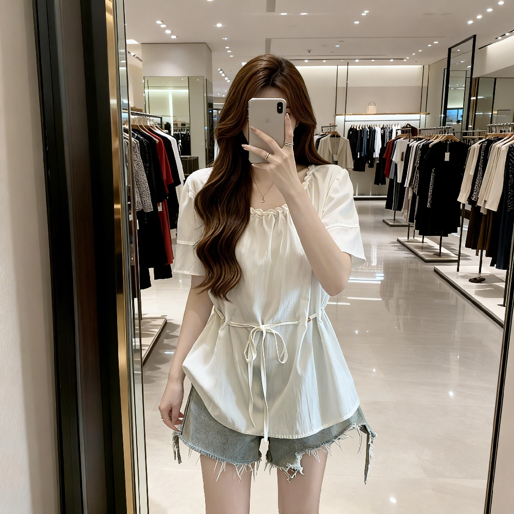 디자인 센스 표지 배 비즈 레이스업 허리 수축 여성 셔츠 여름 지방 mm 루즈핏 슬림해 보이는 긍정적 인 어깨 거품 소매 맨위