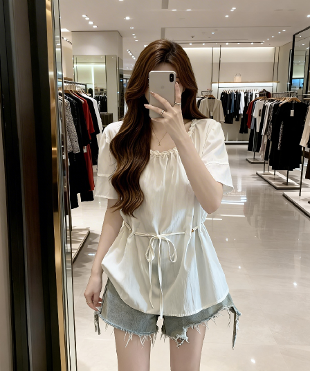 디자인 센스 표지 배 비즈 레이스업 허리 수축 여성 셔츠 여름 지방 mm 루즈핏 슬림해 보이는 긍정적 인 어깨 거품 소매 맨위
