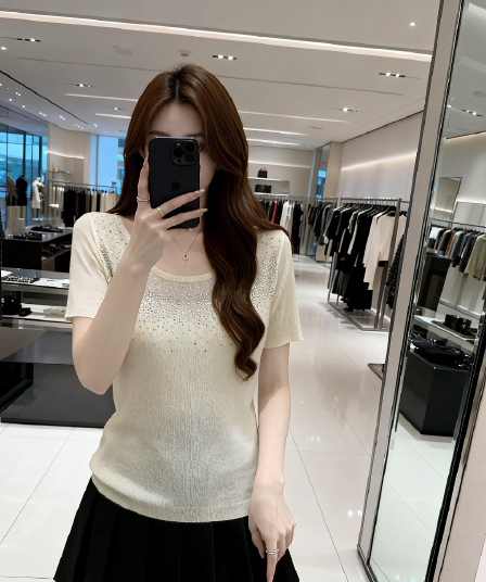 디자인 센스 무거운 작업 핫픽스 긍정적 인 어깨 니트 스웨터 여성 여름 부드러운 바람 세련된 절묘한 품격 반팔 맨위