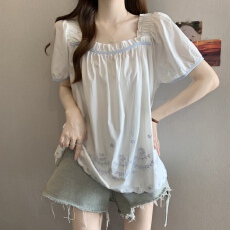 批发法式重工刺绣短袖衬衫女夏季<b class='q'>大码</b>胖mm显瘦遮肚独特漂亮上衣