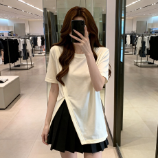 批发不规则开叉短袖T恤女夏装大码打底衫<b class='q'>胖</b>mm<b class='q'>显瘦</b>独特气质设计感上衣