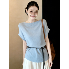 批发大码胖mm洋气纯色斜肩收腰针织T恤女装<b class='q'>夏</b>季显瘦气质法式短袖上衣