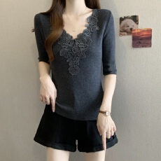 批发法式气质V领五分袖针织衫女<b class='q'>夏</b>新款修身显瘦百搭蕾丝小衫绝美上衣
